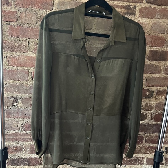 Zara Tops - Zara Olive Green Sheer Button-Up Blouse